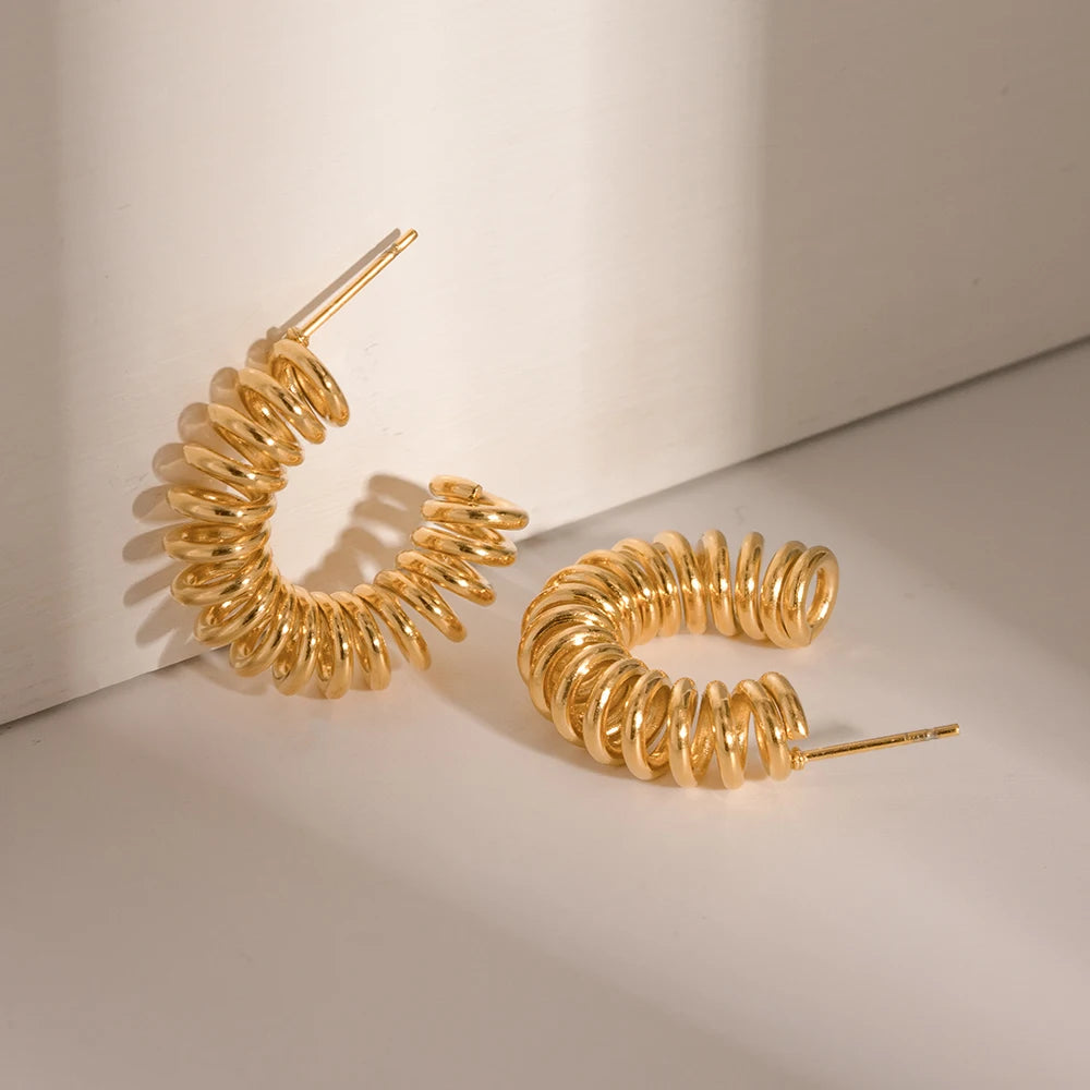 Low Key Luxury Stainless Steel 18K Gold Plated Vintage Telephone Twine Wrapped C Shaped Earrings Tarnish-free Women Ear Jewelry