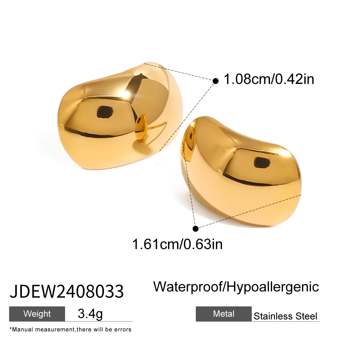 Brincos pequenos ovais simples e lisos de aço inoxidável banhado a ouro 18K para mulheres, joias charmosas e modernas com textura metálica para uso diário
