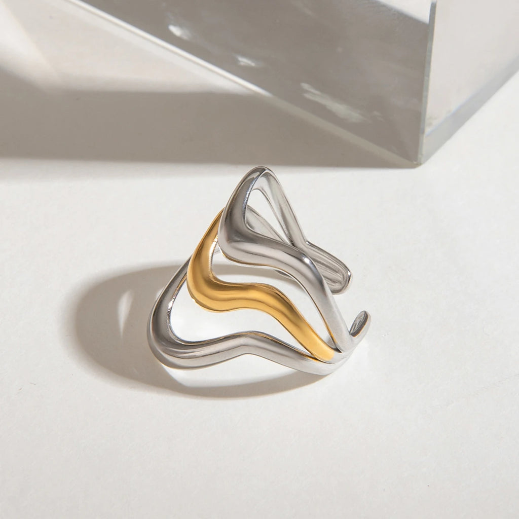 Gold Silber Farbe Passend Wellenförmiger Unregelmäßiger Flüssiger Offener Ring 18K PVD Beschichtet Damen Anti-Allergisch Metall Charm Täglicher Schmuck