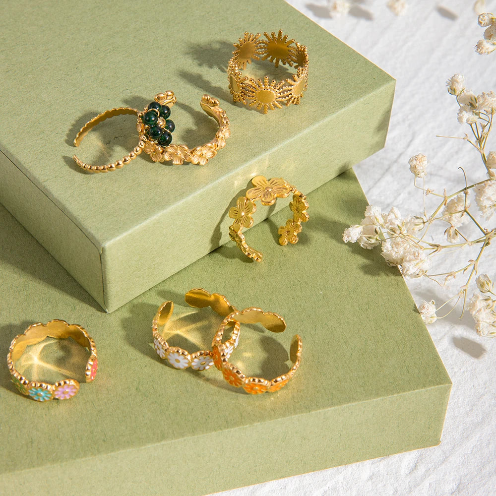 Modischer Edelstahl wasserdichter Blumenserie offener Ring Persönlichkeit Charms 18K PVD Echtgold 18K plattiert trendiger Schmuck