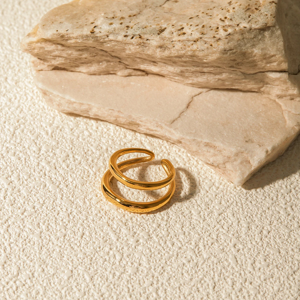 18k vergoldeter, stilvoller, einzigartiger, einfacher, geometrischer, goldener, doppellagiger Öffnungsring aus Edelstahl für Frauen, anti-distinktiver Schmuck