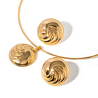 18K Gold Plated Round Convexity Thread Pendant Collar Earring Set Metal Texture Stainless Steel Delicate Charm Stylish Jewelry