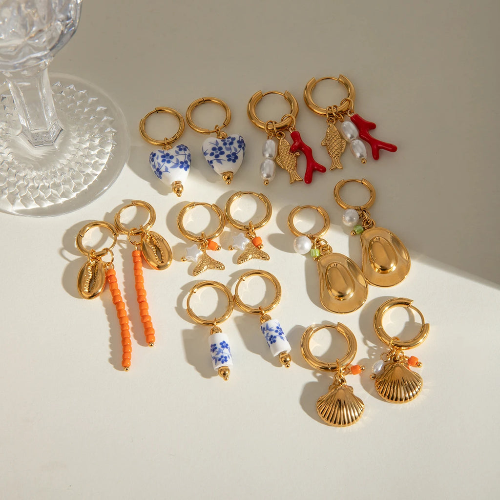 Stilfuld 18K forgyldt rustfrit stål Simple multi-formede vedhængsring øreringe Dame charms Vandtæt smarte smykker