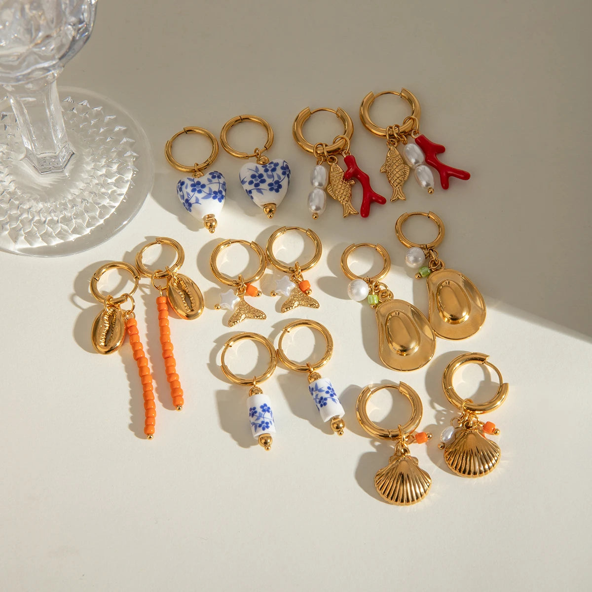 Stilfuld 18K forgyldt rustfrit stål Simple multi-formede vedhængsring øreringe Dame charms Vandtæt smarte smykker