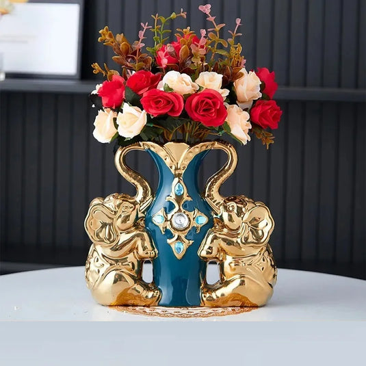 Europæisk stil keramisk guldvase - kreativ elefantsvane udsmykket andeblå bordpladevase til bolig- og spisebordsdekoration