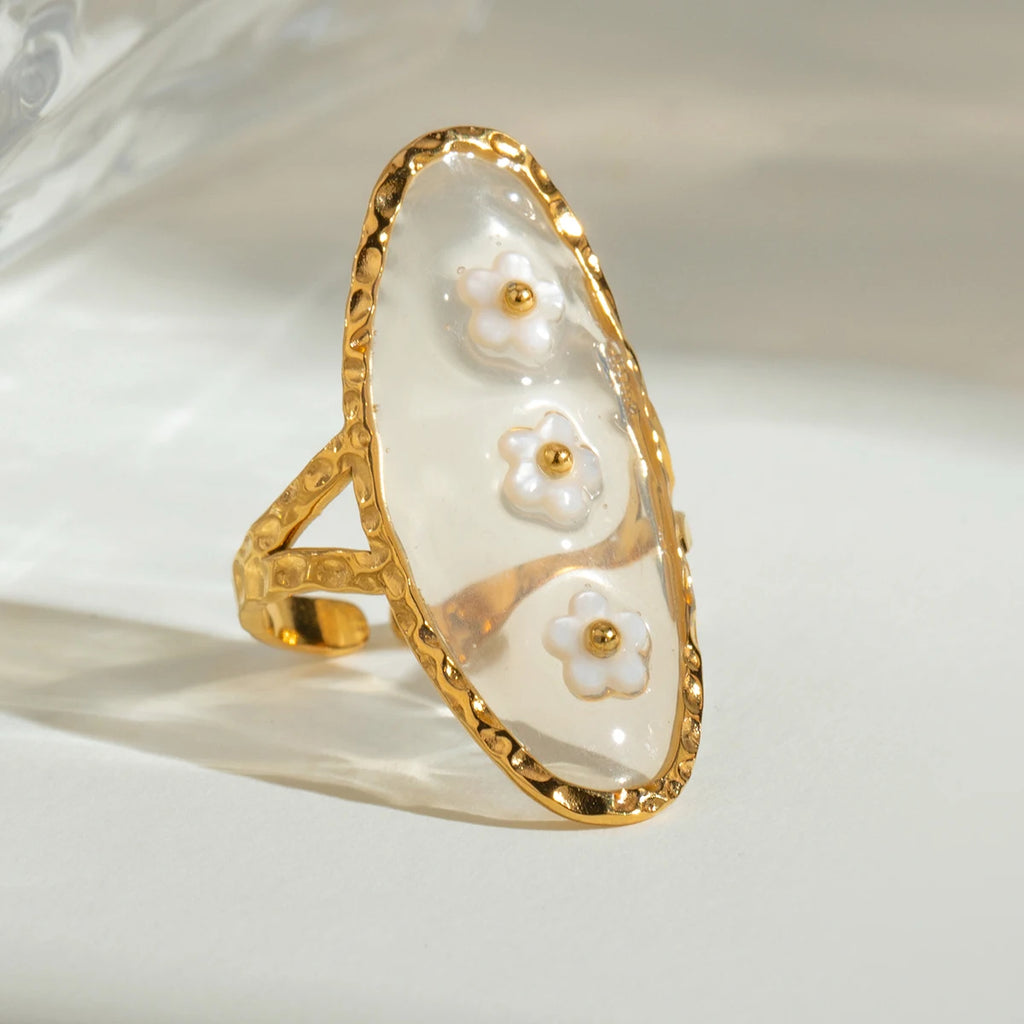 Vintage 18K Stainless Steel Oval Three Shell Flowers Open End Ring Women Anti Allergic Charm Daily Jewelry Bijoux Femme