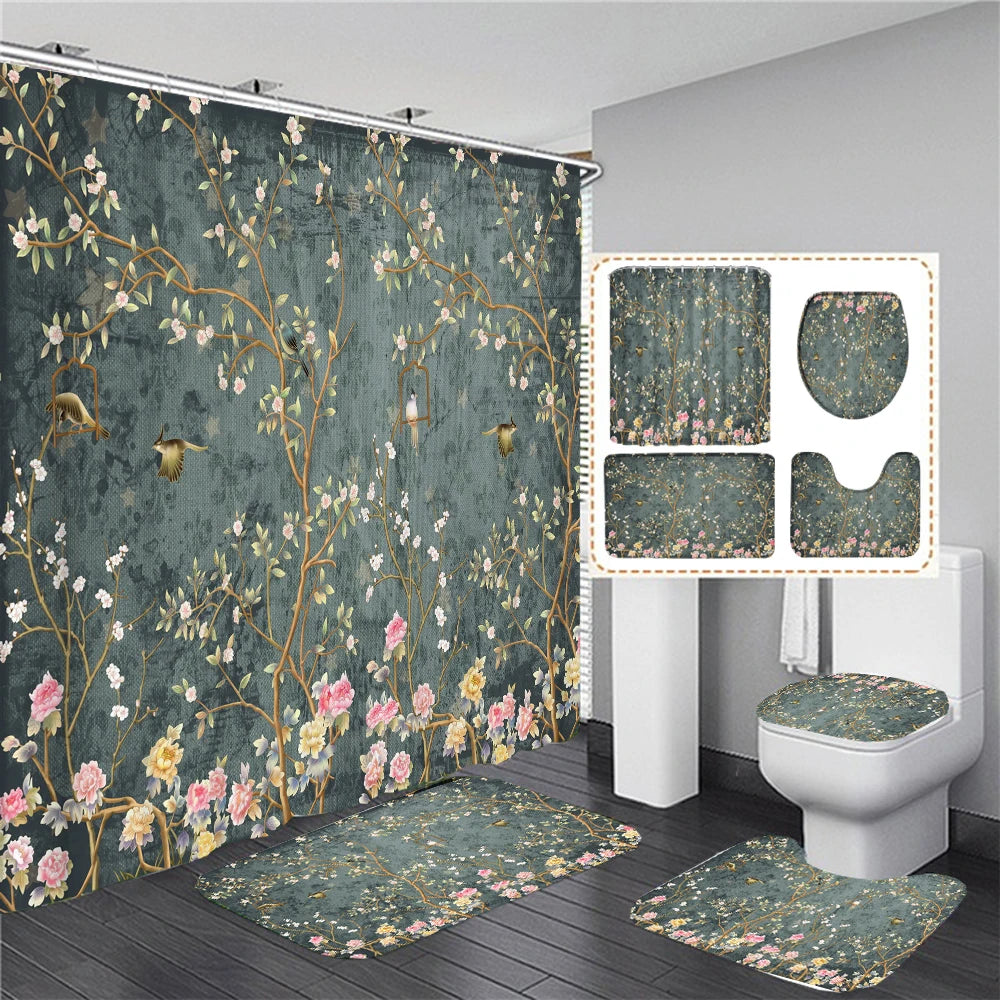 Chinese style Flowers and Birds Waterproof Shower Curtain Set Toilet Seat Cover Bath Non-Slip Mat Rug Carpet Bathroom Decor