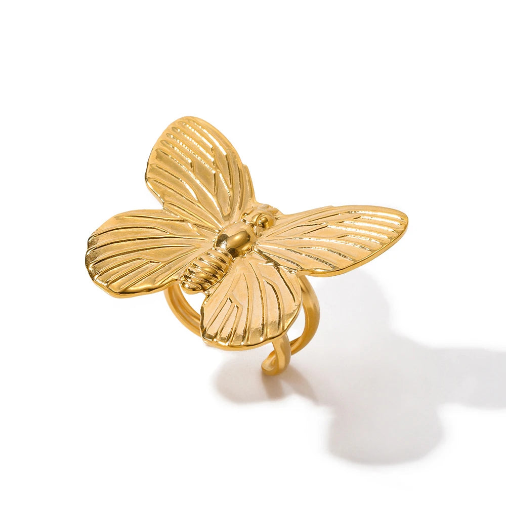 Exaggerated Stainless Steel Butterfly Open Ring For Women Vintage Creative Butterfly Adjustable Jewelry Gift Femme Bijoux - Grand Goldman