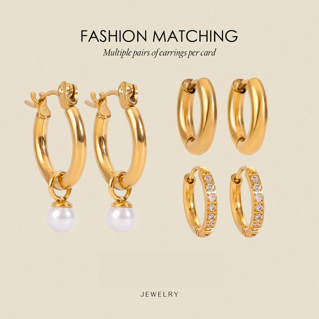 3 Paare pro Karte Edelstahl weiße Strass-Perlen-Ohrringe für Damen 18K PVD-beschichtet, antiallergisch, rostfrei Schmuck