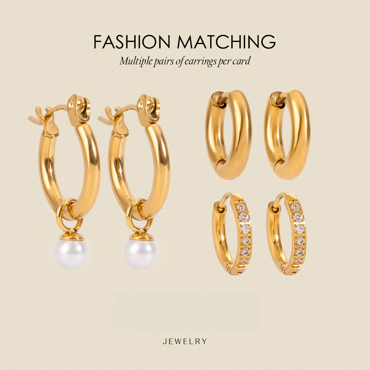 3 Paare pro Karte Edelstahl weiße Strass-Perlen-Ohrringe für Damen 18K PVD-beschichtet, antiallergisch, rostfrei Schmuck