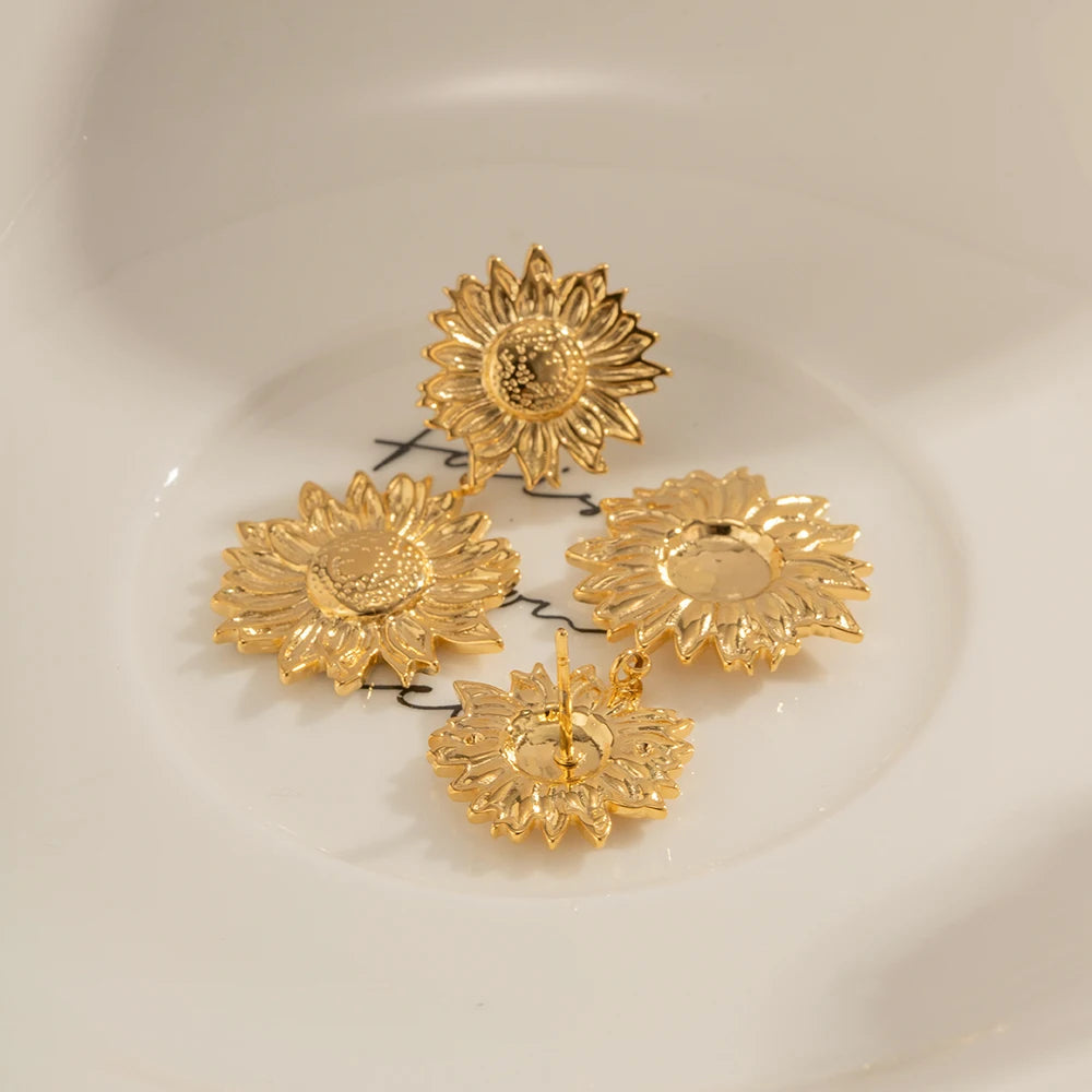 Brincos Pendentes de Girassol em Aço Inoxidável Boemia Exagerada para Mulheres Joia Vintage à Prova d'Água Presente