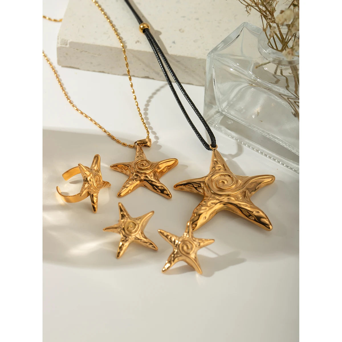 Summer Beach 18k Gold Plated Stainless Steel Vintage Threaded Starfish Necklace Earrings Open Ring Set Women Charm Jewelry Gift