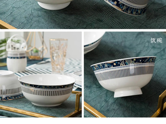 Coffret cadeau de vaisselle en céramique peinte à la main de luxe bleu glacier Jingdezhen Ensemble de bols et de baguettes en porcelaine de Chine chic