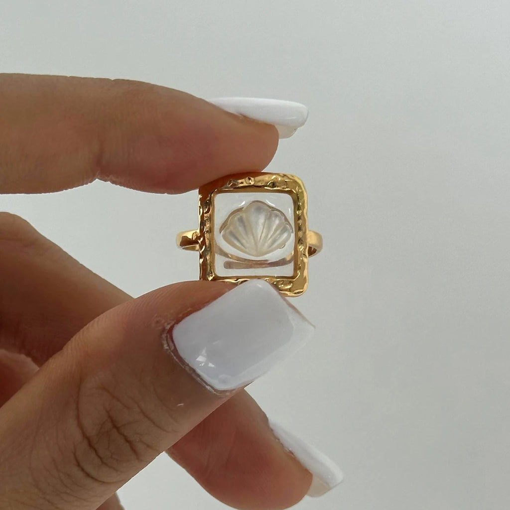 Vintage 18K Gold Plated Stainless Steel Oval Square Shell Open End Ring Women Anti Allergic Charm Daily Jewelry Bijoux Femme