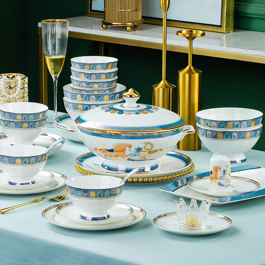 Vaisselle en céramique Jingdezhen, ensemble de bols et d'assiettes, vaisselle en porcelaine d'os de luxe nordique légère avec bordure dorée