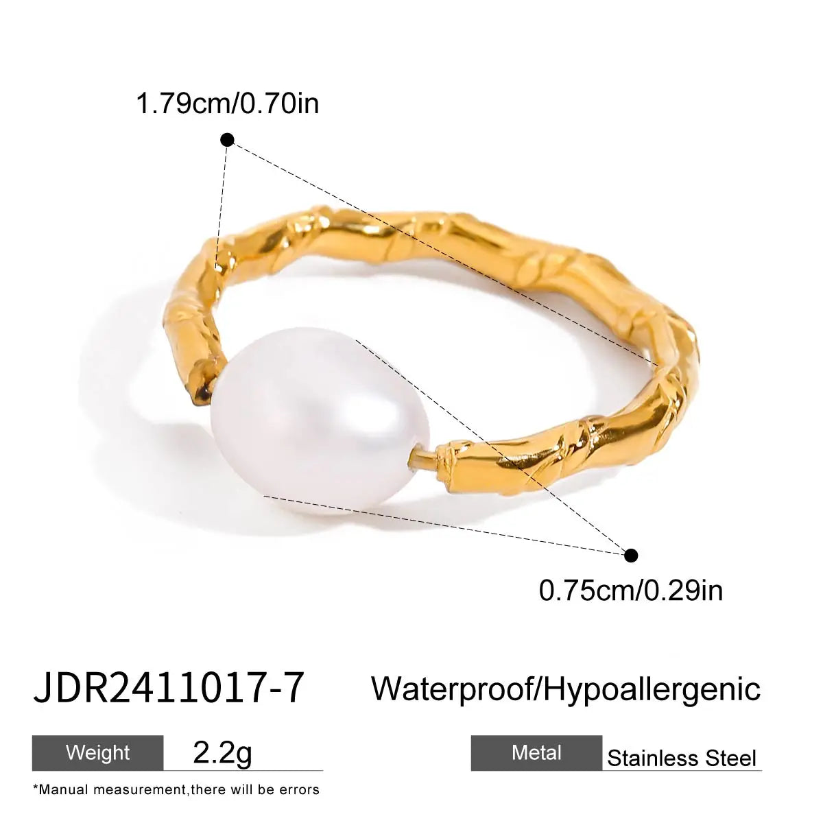 Minimalistischer, 18k vergoldeter Edelstahl, doppellagiger, hohler Süßwasserperlen-Öffnungsring für Damen, anti-allergischer Charmschmuck