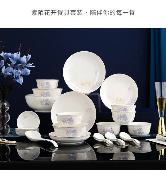 Zimo Flower Phnom Penh Bone Porcelain Tableware, Household Light Luxury Ceramic Bowl and Spoon Set, Bowl and Plate Combination