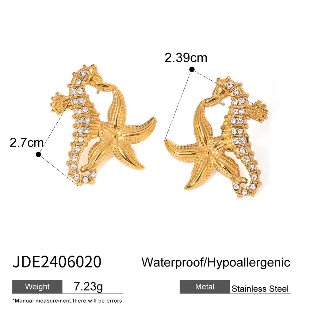 Orecchini in acciaio inossidabile semplici con cavalluccio marino, stella marina, pezzo unico, strass, metallo anti-allergico, gioielli placcati in oro 18K PVD Bijoux