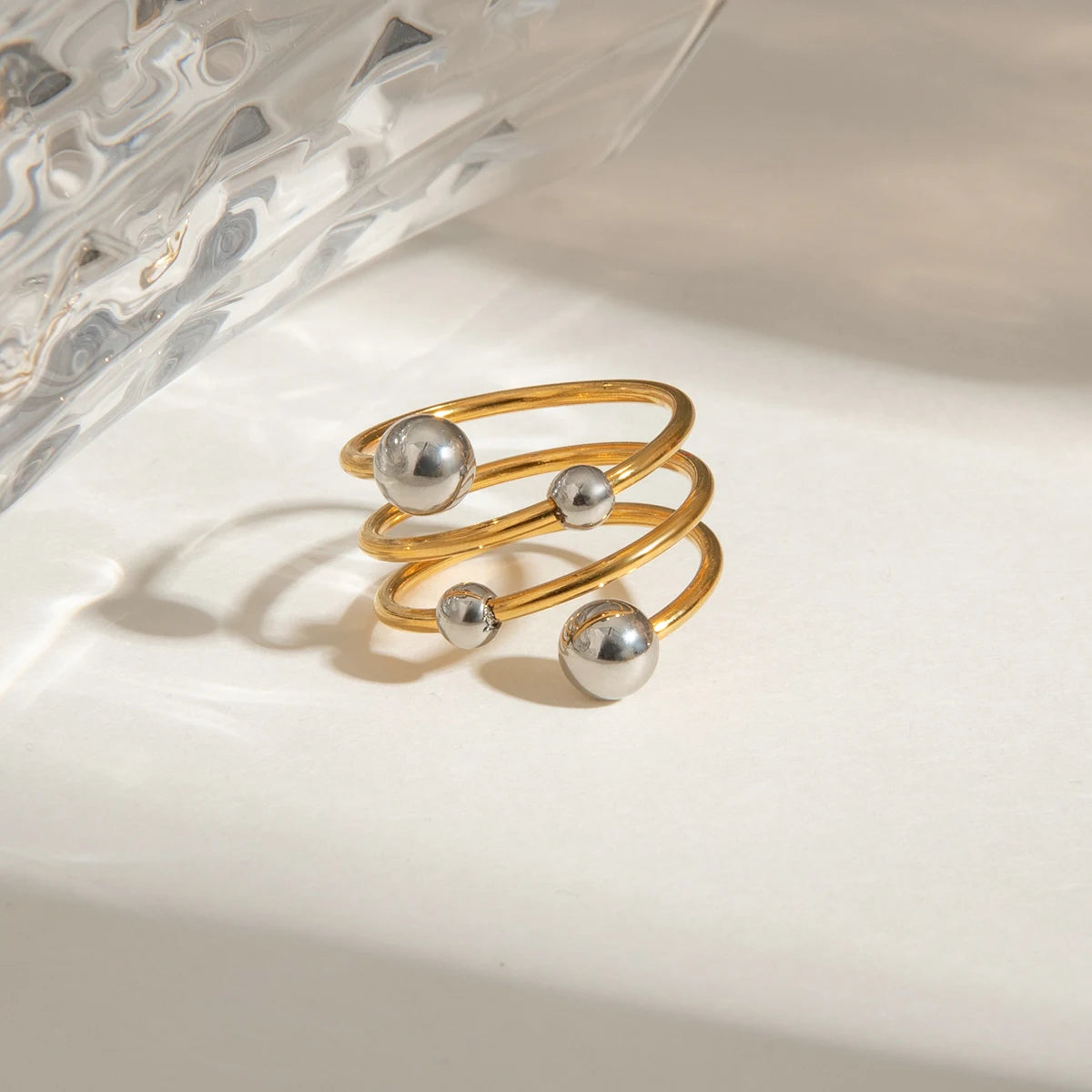 Gold Silver Color Matching Ball Three layer Opening Ring 18K PVD Plated Women Anti Allergic Metal Charm Daily Jewelry