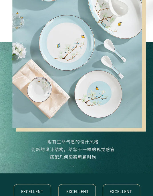 Jingdezhen New Chinese Ceramic Bowls, Dishes, Bone Porcelain Tableware, Bowls, Chopsticks Set, Household Use