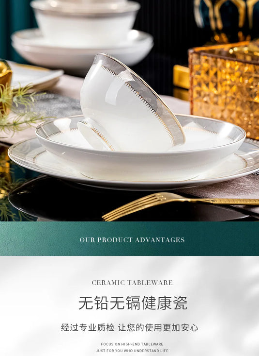 Vaisselle en céramique Jingdezhen, ensemble de bols, assiettes, cuillères, ensemble complet de bols et plats en porcelaine d'os, ensemble ménager