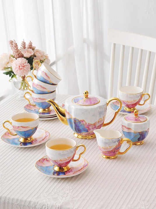 DAISY Ensemble élégant de tasses à café et soucoupes européennes – Luxueuse porcelaine tendre, style rétro avec motifs en marbre et accents dorés pour un thé ou un café exquis de l'après-midi