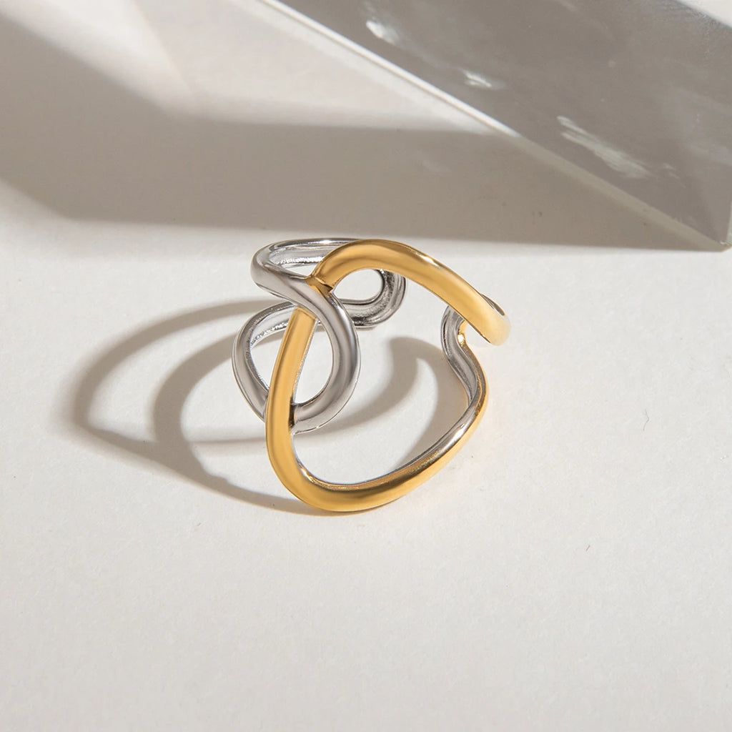 Gold Silver Color Matching Smooth Irregular Winding Open Ring 18K PVD Plated Women Anti Allergic Metal Charm Daily Jewelry