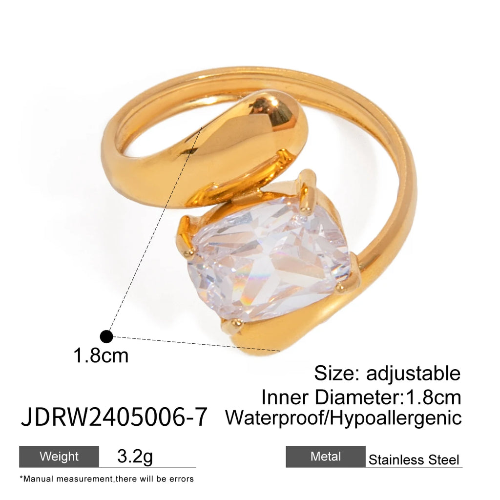 18K Gold Plated Stainless Steel Big Opening Ring Inlay Water Drop Shaped Zircon Anti Allergic Metal Statement Jewelry Women