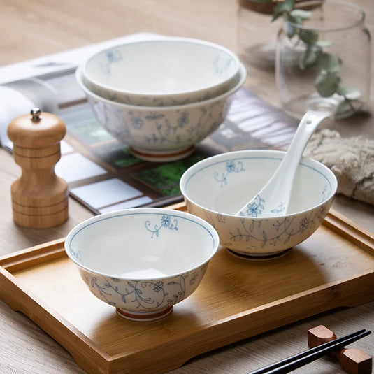 Jingdezhen keramisk service, fadesæt, japansk husholdningsrisskål, underglasurfarvet service