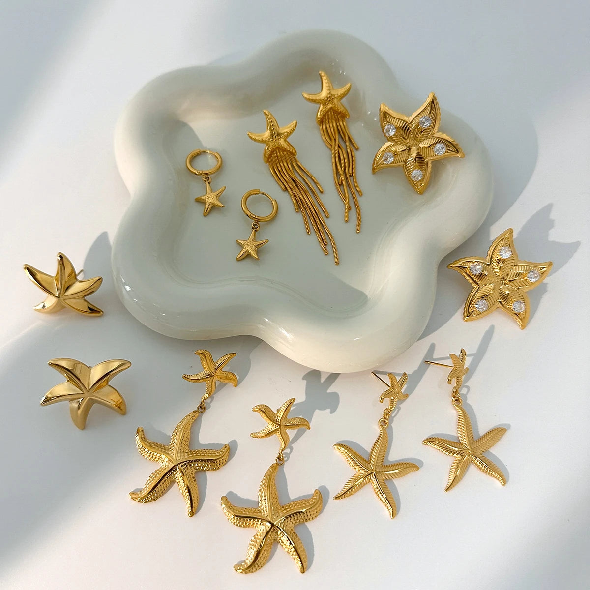 Brincos Pingente Estrela-do-mar Vintage da Série Verão Mar Oceano Banhados a Ouro 18K Aço Inoxidável Joias à Prova d'Água para Mulheres