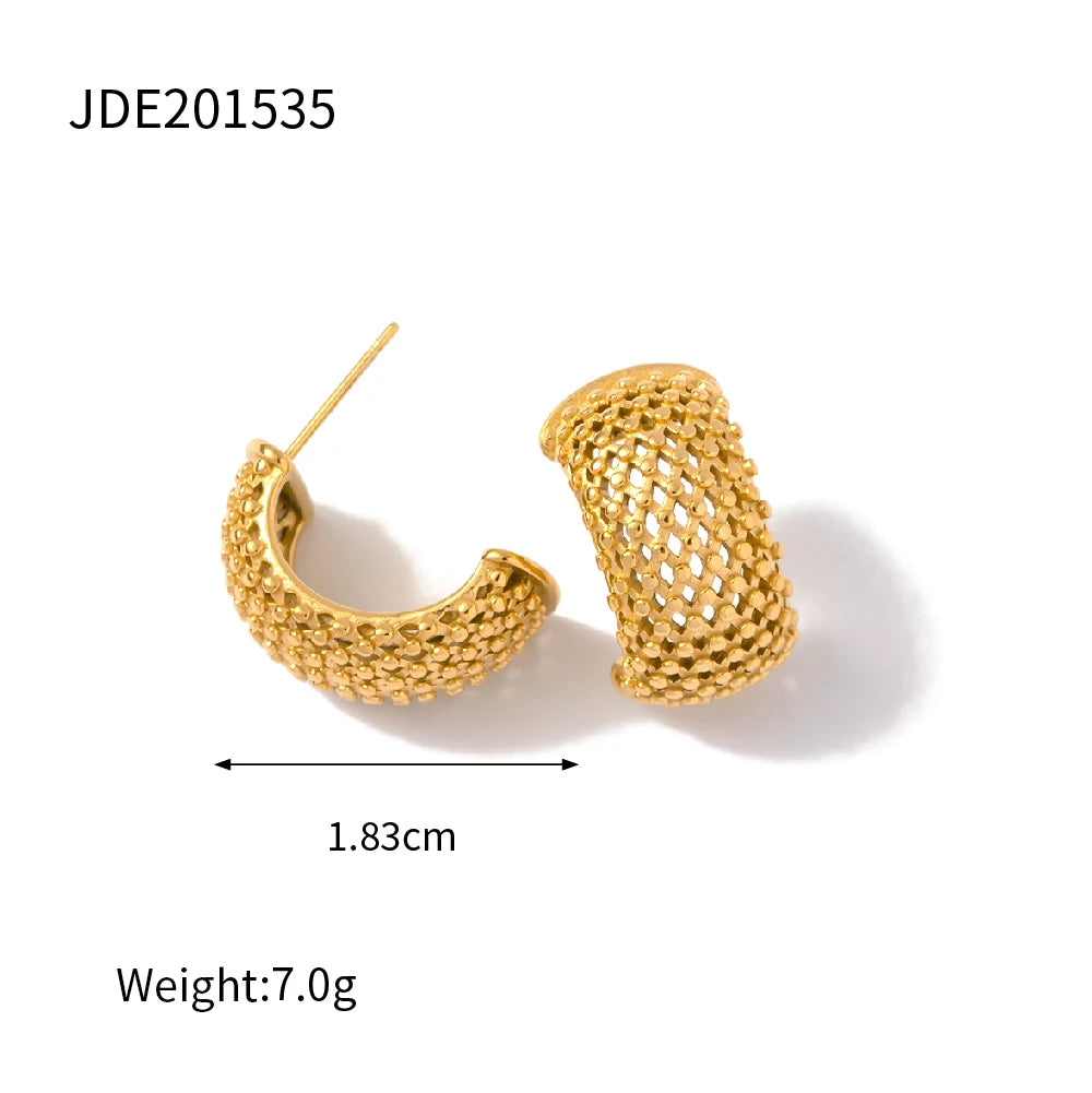 Stainless Steel Mesh Design C Shaped Earrings Metal Golden 18 K Plated Charm Summer Jewelry Waterproof Accessories Bijoux Femme