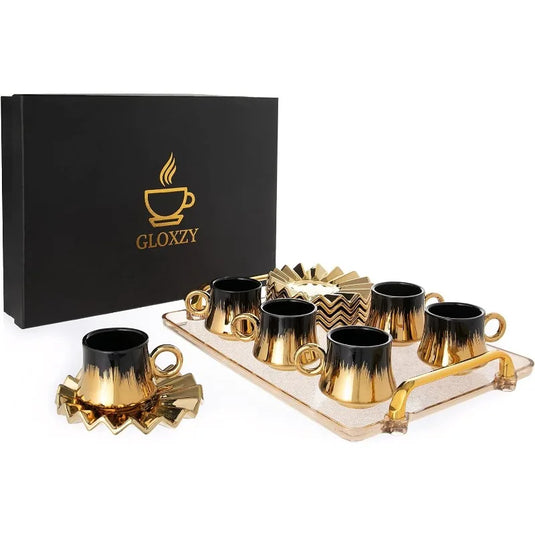 Turkish Coffee Cup Set of 6 with Saucers & Tray - Luxury Arabic Greek Japanese Marble Ceramic Tea Cups for Espresso Cappuccino