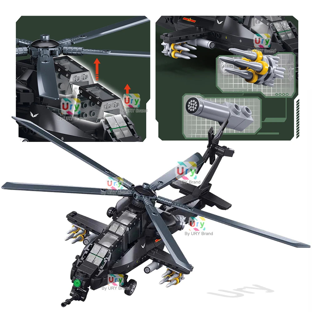 Sluban Military Series WW2 WZ-10S Armed Helicopter J20BS Stealth Fighter Jet Pilots Model Building Blocks Toy for Boy Kids Gift