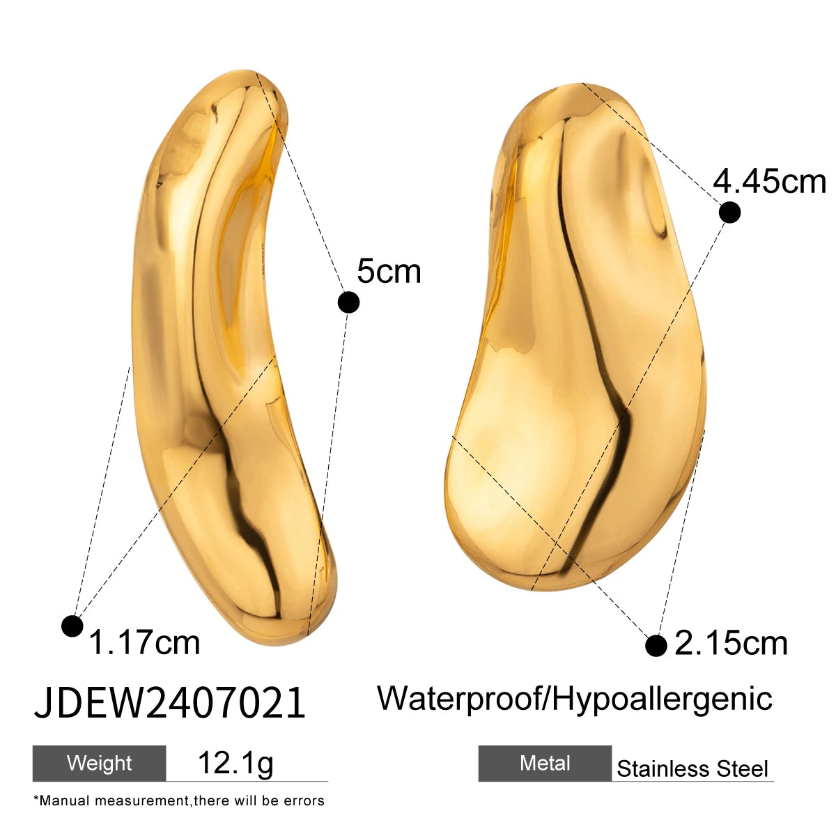 18K PVD-beschichtete modische asymmetrische Linsen-konvexe Hammerschlag-Struktur Ohrringe aus Edelstahl für Frauen, allergiepräventiv, stilvoller Schmuck