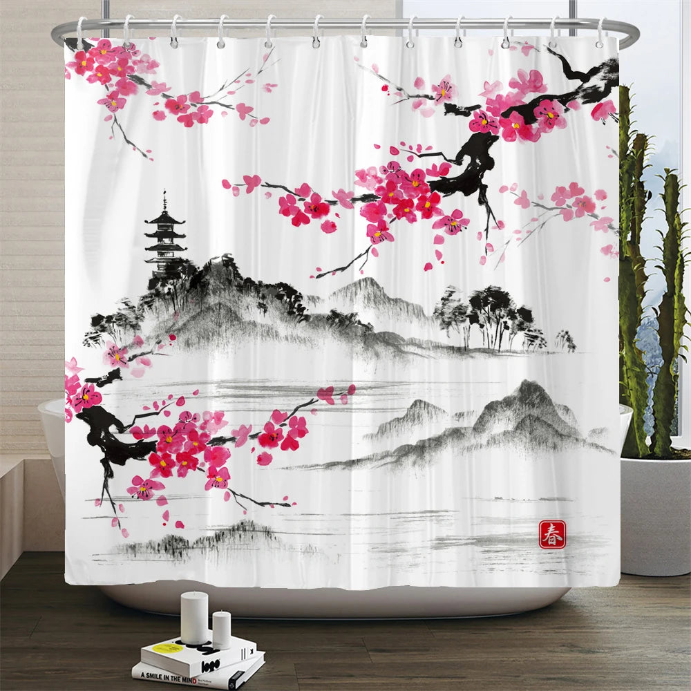 Chinese style Flowers and Birds Waterproof Shower Curtain Set Toilet Seat Cover Bath Non-Slip Mat Rug Carpet Bathroom Decor