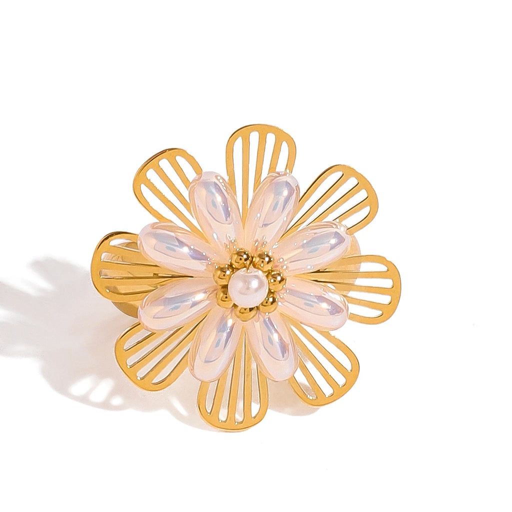 Vintage 18K Stainless Steel Shell Beads Hollow Plastic Flower Open End Ring Women Anti Allergic Charm Daily Jewelry Bijoux Femme