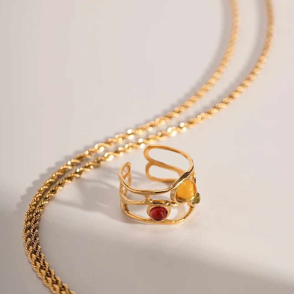 18K Stainless Steel Exquisite Mesh Open Ring Inlay With Resin Diamond Waterproof Women High Quality бижутерия Party Gift