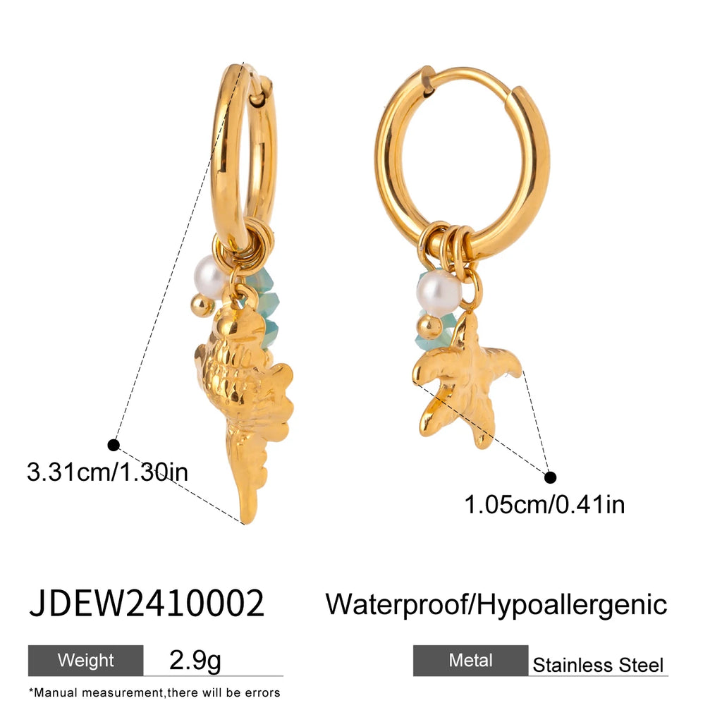 Zora Ocean Style Charm Drop Earrings Gold Plated Stainless Steel Conch Starfish Imitation Pearl Crystal Waterproof Jewelry