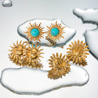 18k Gold Plated Stainless Steel Turquoise Inlay Sunflower Shaped Dangle Earrings Stylish Trendy Waterproof Jewelry for Women