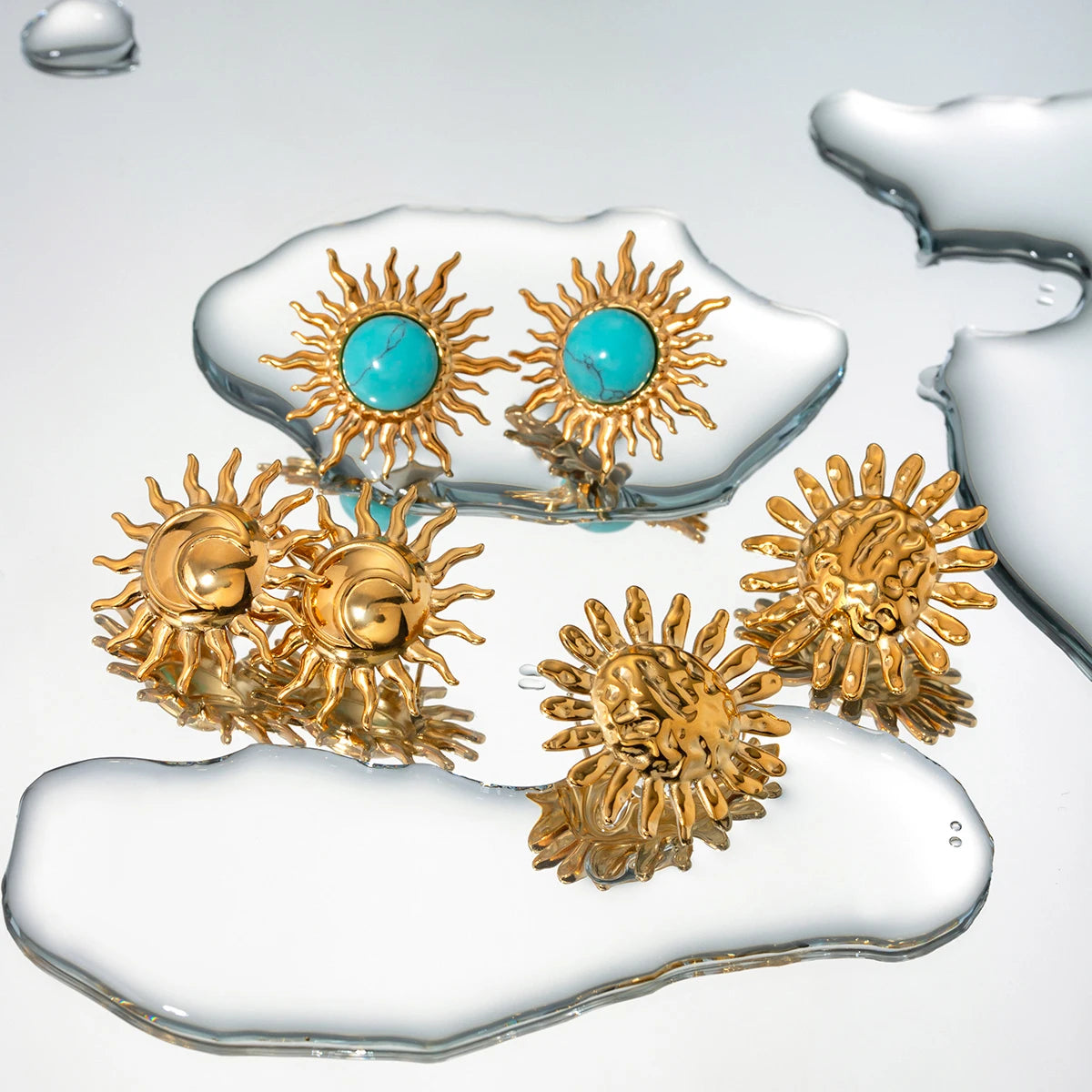 18k Gold Plated Stainless Steel Turquoise Inlay Sunflower Shaped Dangle Earrings Stylish Trendy Waterproof Jewelry for Women
