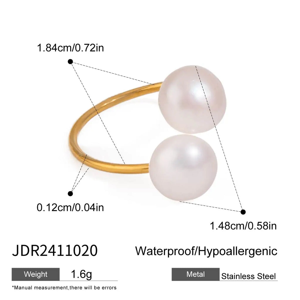 Minimalistischer, 18k vergoldeter Edelstahl, doppellagiger, hohler Süßwasserperlen-Öffnungsring für Damen, anti-allergischer Charmschmuck