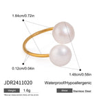 Minimalistischer, 18k vergoldeter Edelstahl, doppellagiger, hohler Süßwasserperlen-Öffnungsring für Damen, anti-allergischer Charmschmuck