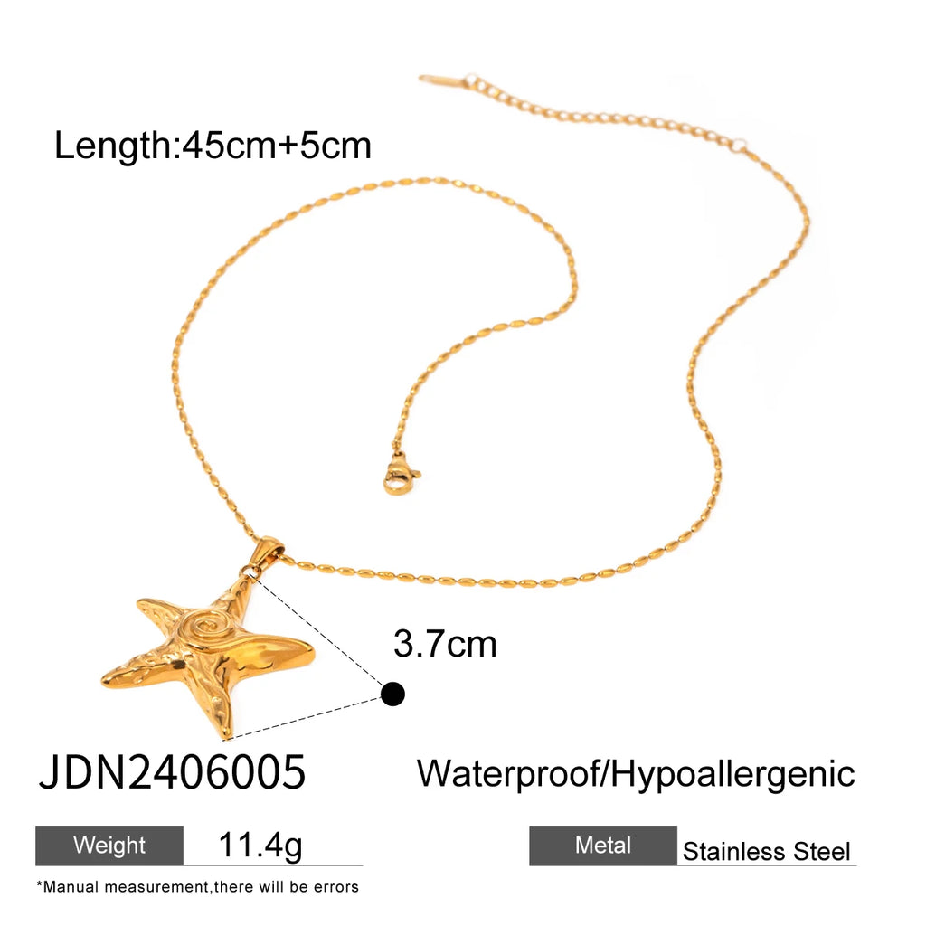 Summer Beach 18k Gold Plated Stainless Steel Vintage Threaded Starfish Necklace Earrings Open Ring Set Women Charm Jewelry Gift