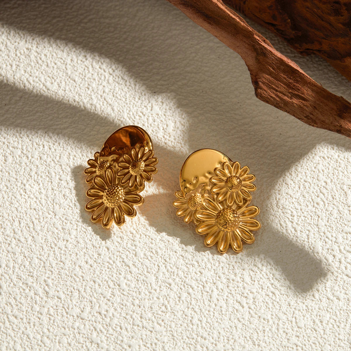 Stylish Unique Metal Textured Small Daisy Flower Design Earrings Stainless Steel 18k Gold Plated Women Holiday Jewelry - Grand Goldman