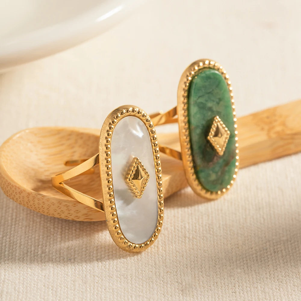 Vintage Oval Design Natural Stone Open Ring For Women Exaggerated Stainless Steel Waterproof Adjustable Jewelry Gift