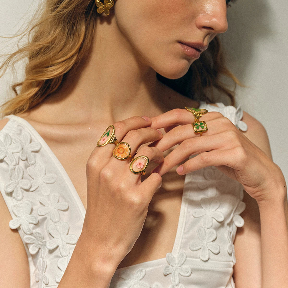 Light Cozy 18k Gold Plated Minimalist Polygonal Dry Flower Opening Ring Women Personalized Stainless Steel Statement Jewelry