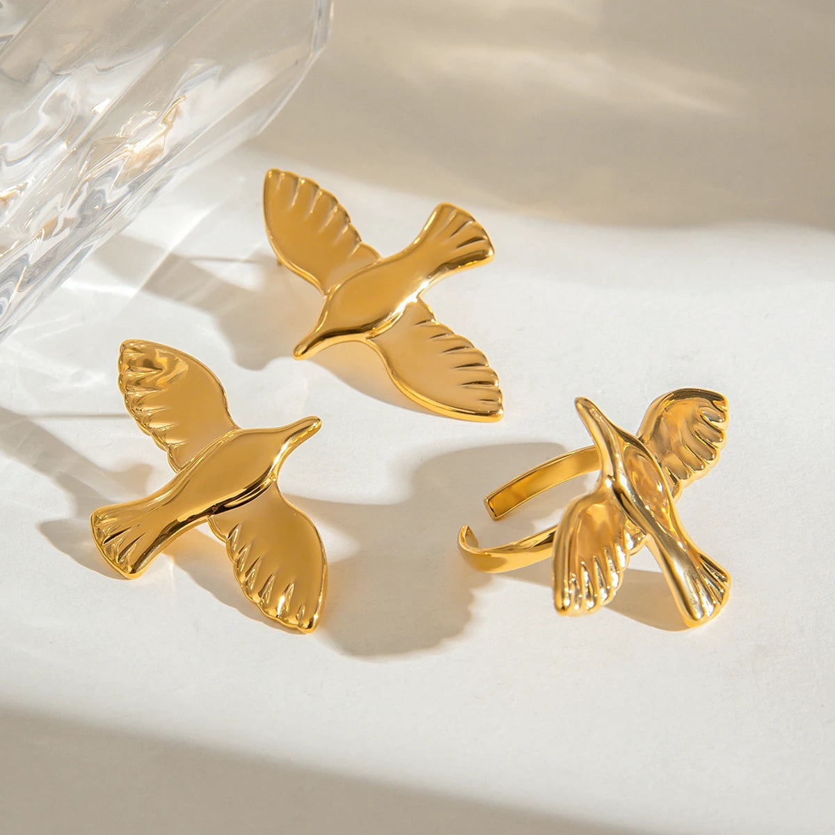 Minimalistische 18k vergoldete glatte Friedens-Taube offener Ring Ohrstecker aus Edelstahl für Damen, rostfrei, exquisite Schmuckstücke Bijoux