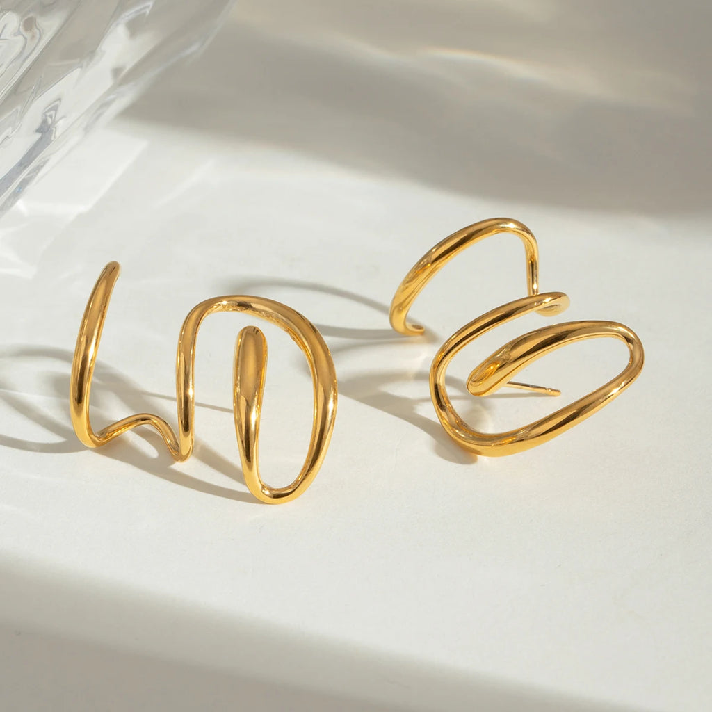 Minimalist 18K Gold Plated Stainless Steel Design Sense of Rotary Line Earrings Women Daily Metal Texture Trendy Charm Jewelry - Grand Goldman