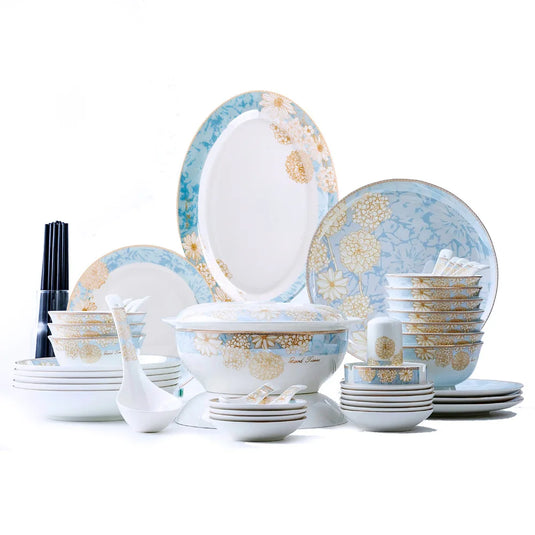 Bols et assiettes de luxe modernes Vaisselle en céramique Jingdezhen, ensemble de bols et d'assiettes à bordure dorée, ménage