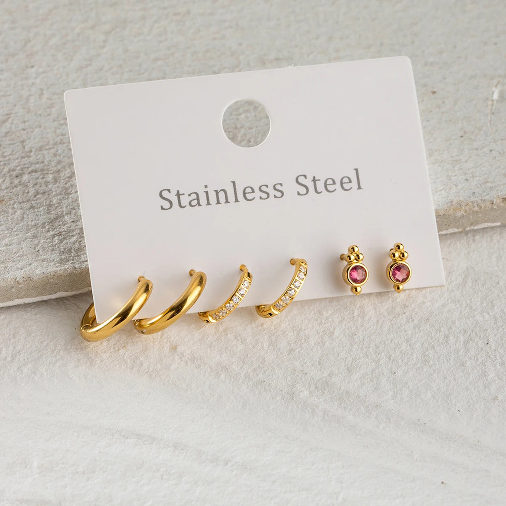 18k Stainless Steel Vintage Purple Diamond Earrings 3 Pairs in One Card Women Statement Charm Texture Rust Proof Jewelry